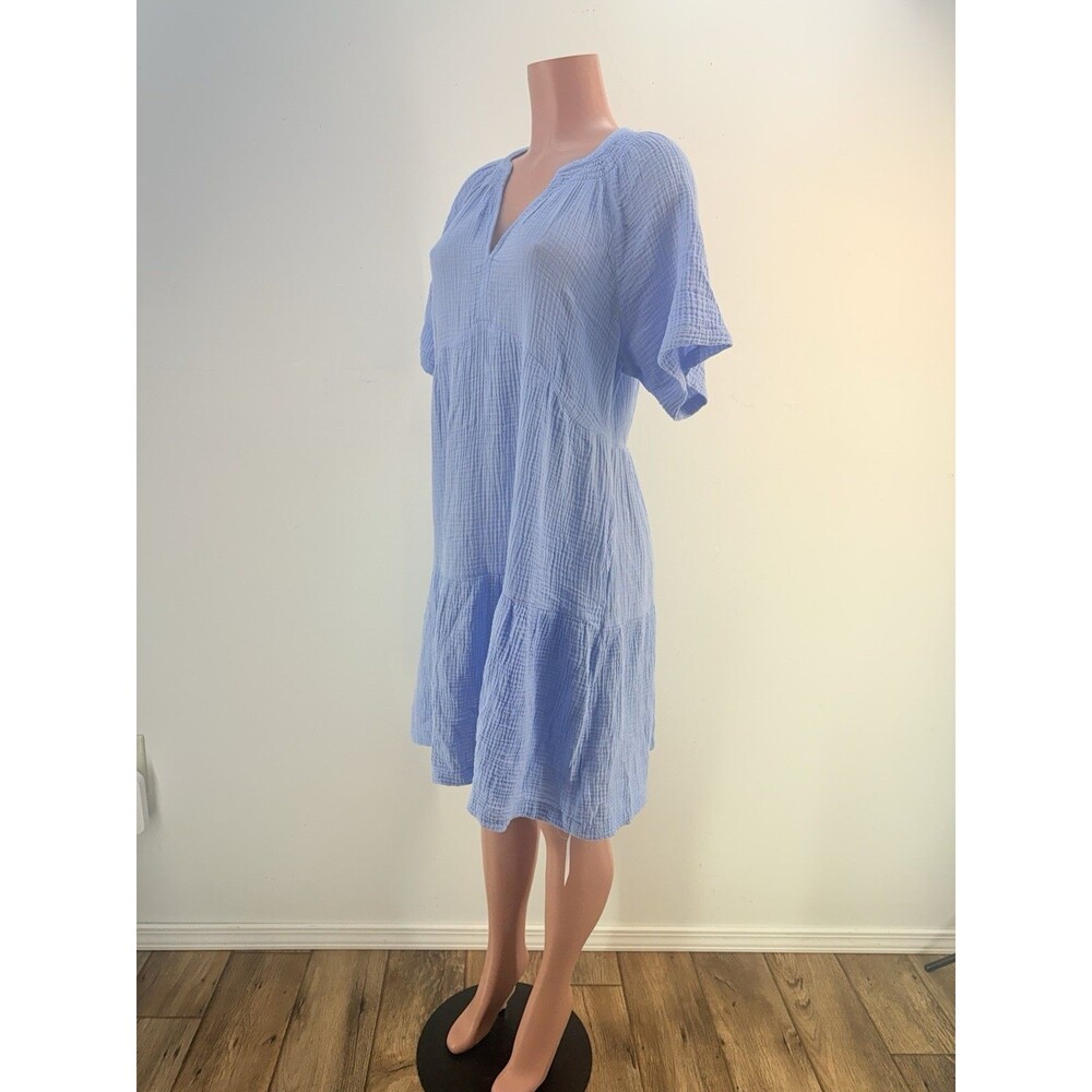 GAP Women’s Cotton Gauze Light Blue V-Neck Tiered Dress With Pockets - Picture 4 of 16